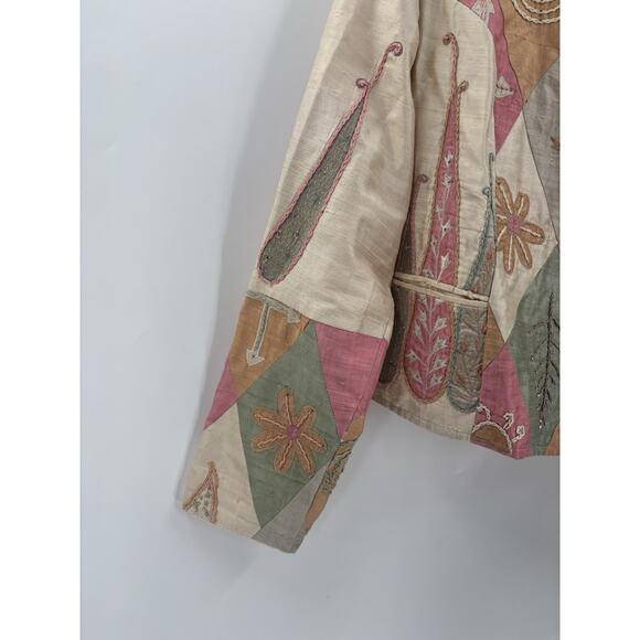 Anage Vintage Jacket Womens Large Beige Pink Green 100% Silk Embroidered Nature - Picture 5 of 16